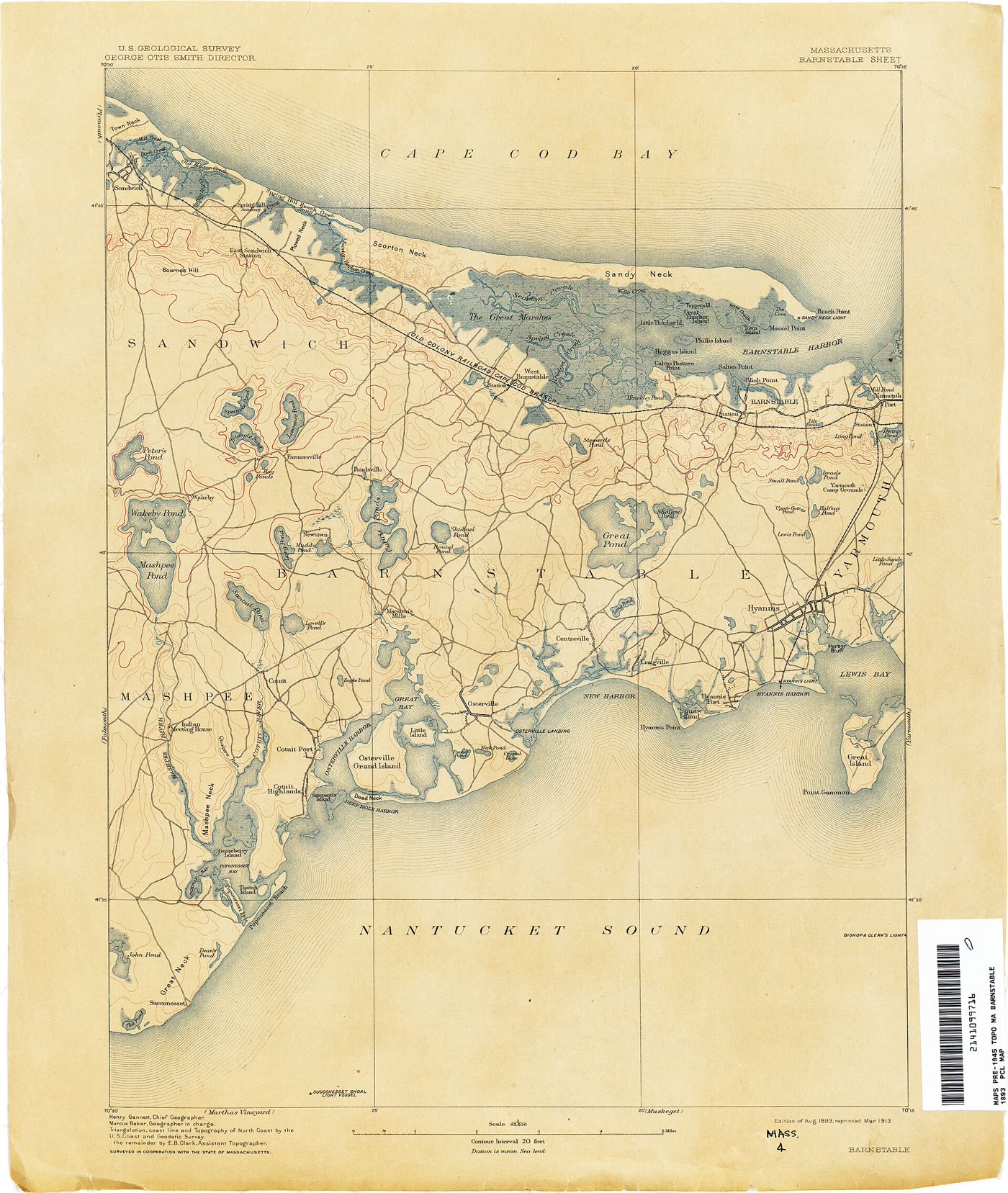 United States Geological Survey topographic sheet of the Barnstable area, surveyed in the 1880s and 1890s. It shows Sandwich, Mashpee, Cotuit, and the west side of Barnstable Harbor, not a 1639 houselot.